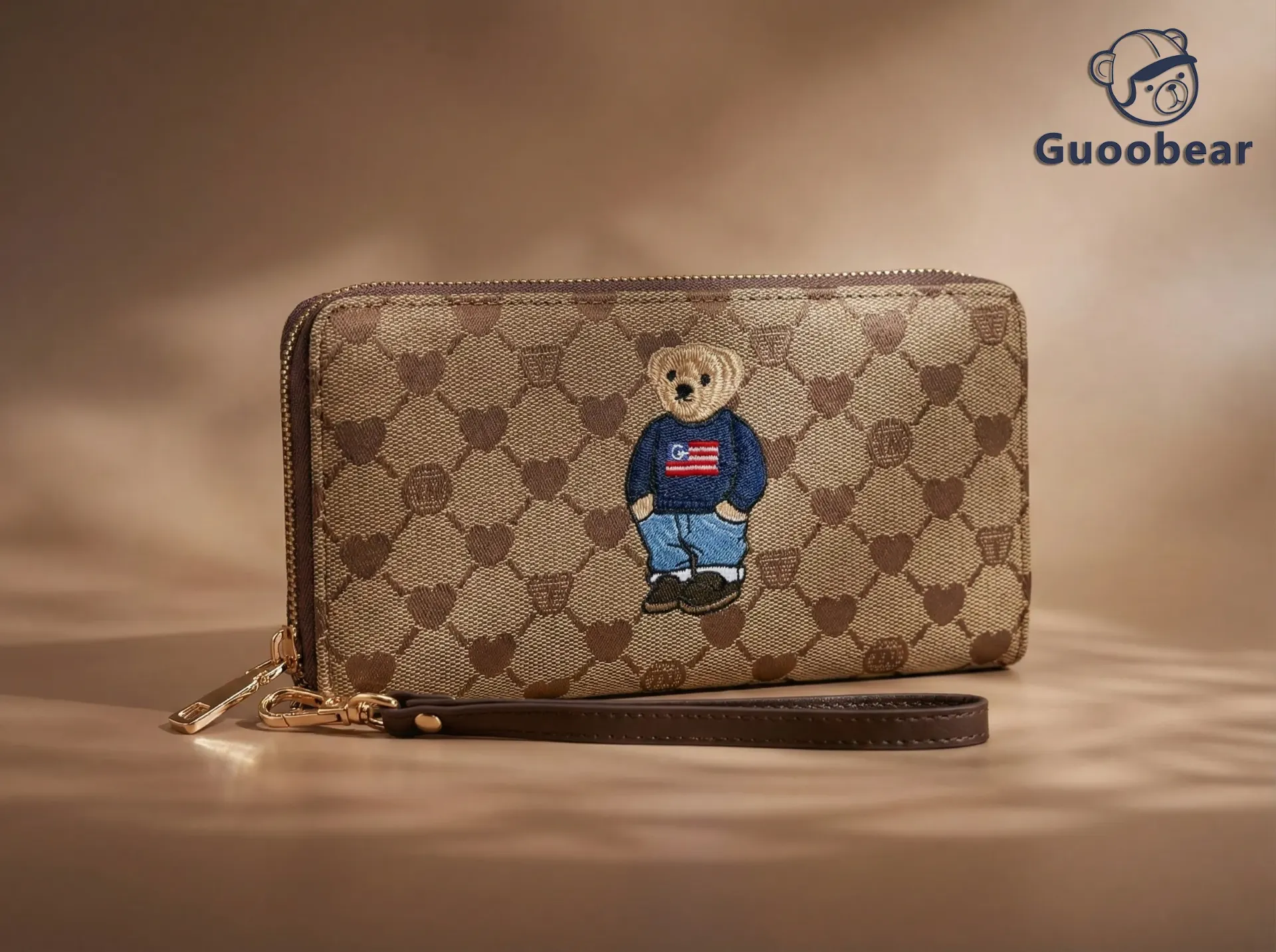 Coffee-colored jacquard heart-shaped zipper bag