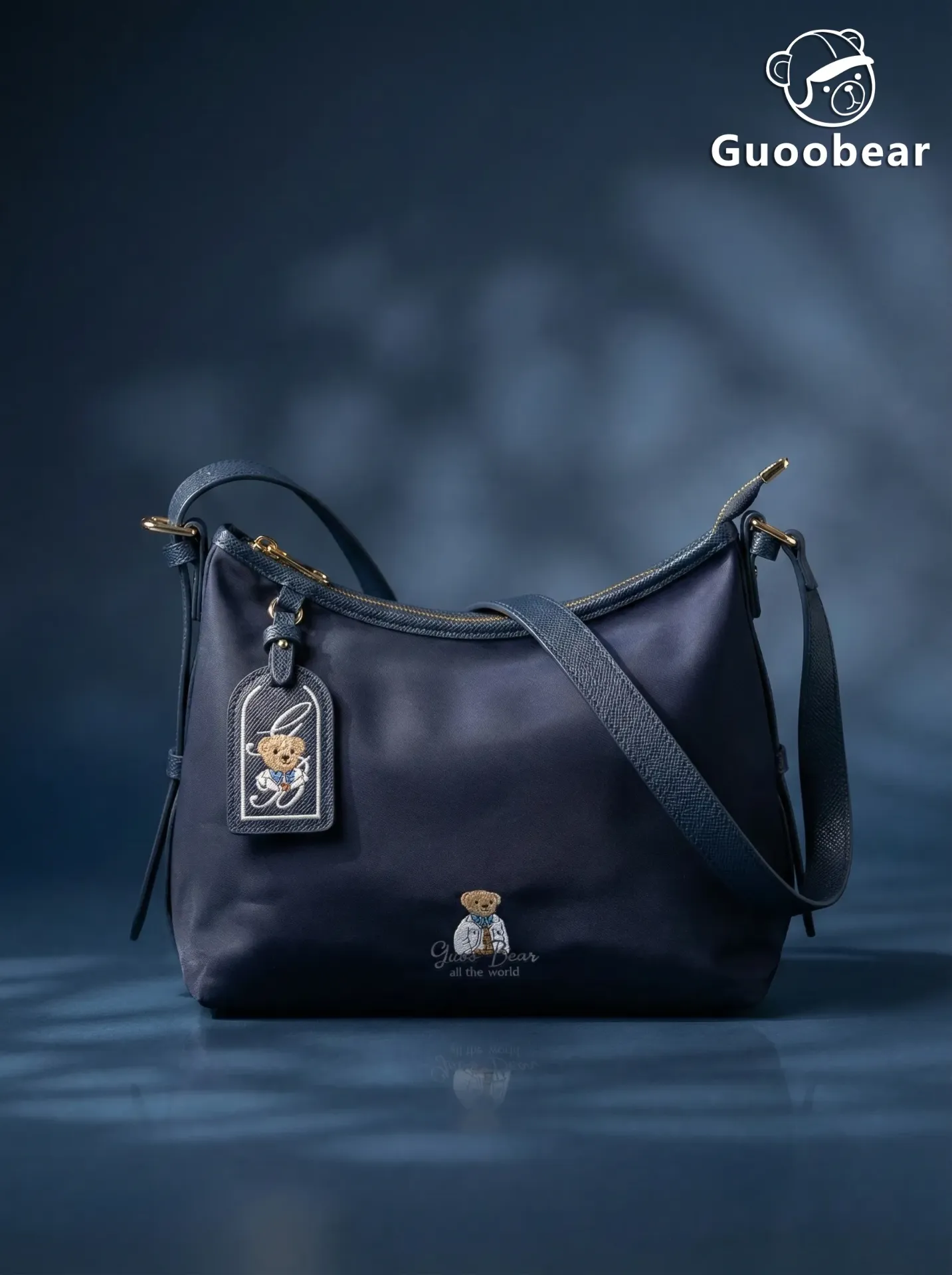 Royal blue nylon embroidered shoulder bag