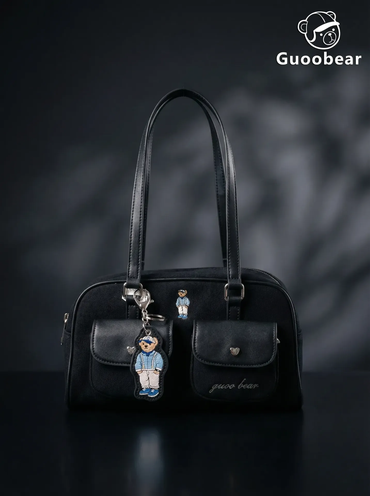 [GU1438-30010] Black canvas embroidered shoulder bag