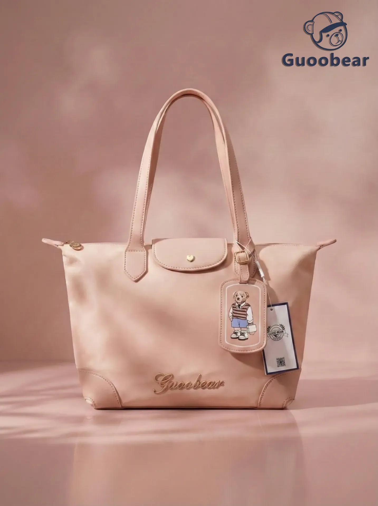 Light pink nylon embroidered shoulder bag L