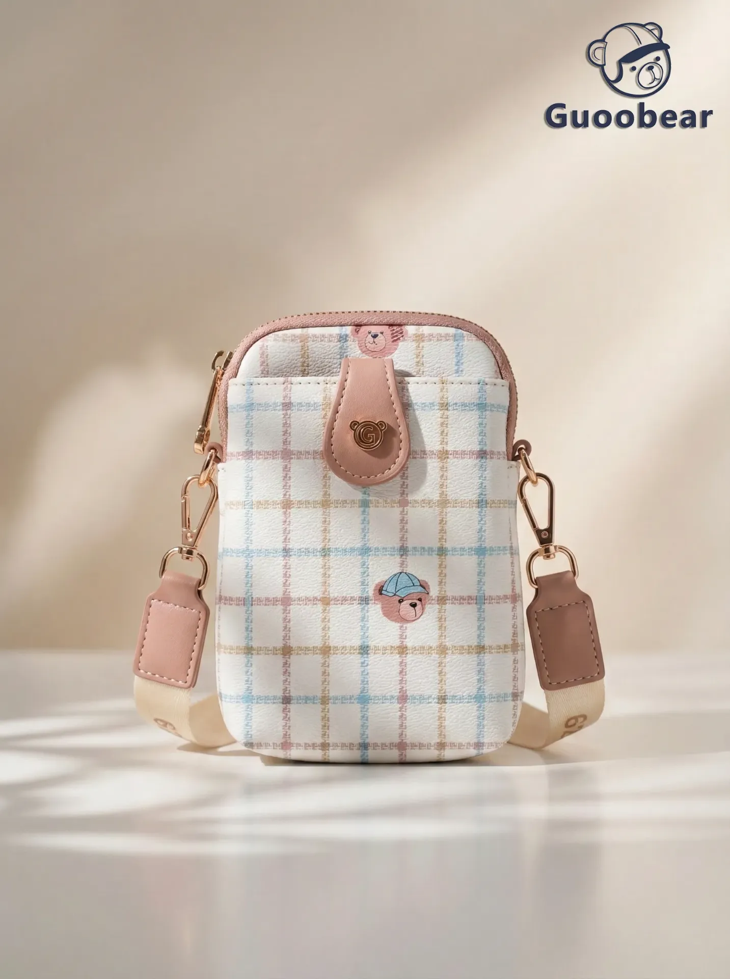 Gu Jia Beige Checkered Bear Head Phone Case